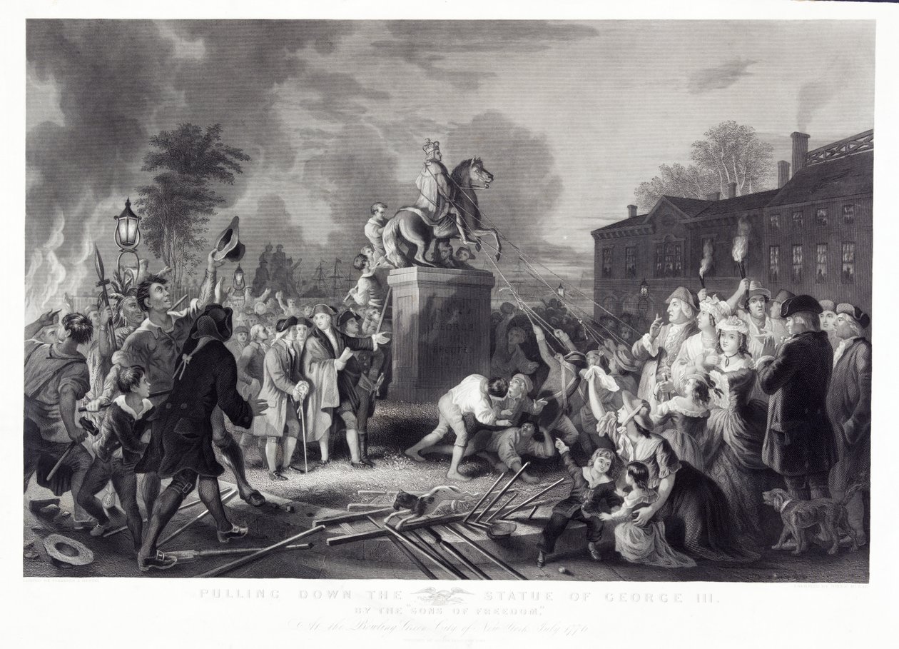 Démolition de la statue de George III par les Fils de la Liberté, au Bowling Green, New York, juillet 1776, pub. 1875 - Johannes Adam Simon after Oertel
