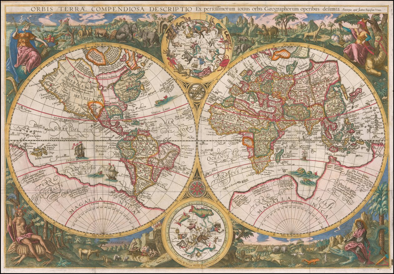 1596 carte du monde - Orbis Terrae Compendiosa Descriptio Ex peristissimorum totius orbis Gaeographorum operibus desumpta - Johannes Baptista Vrints