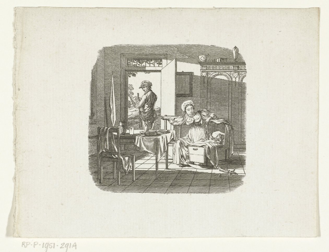 Mère avec enfant dans un berceau saluant le père qui quitte la maison avec un fusil - Johannes Christiaan Bendorp