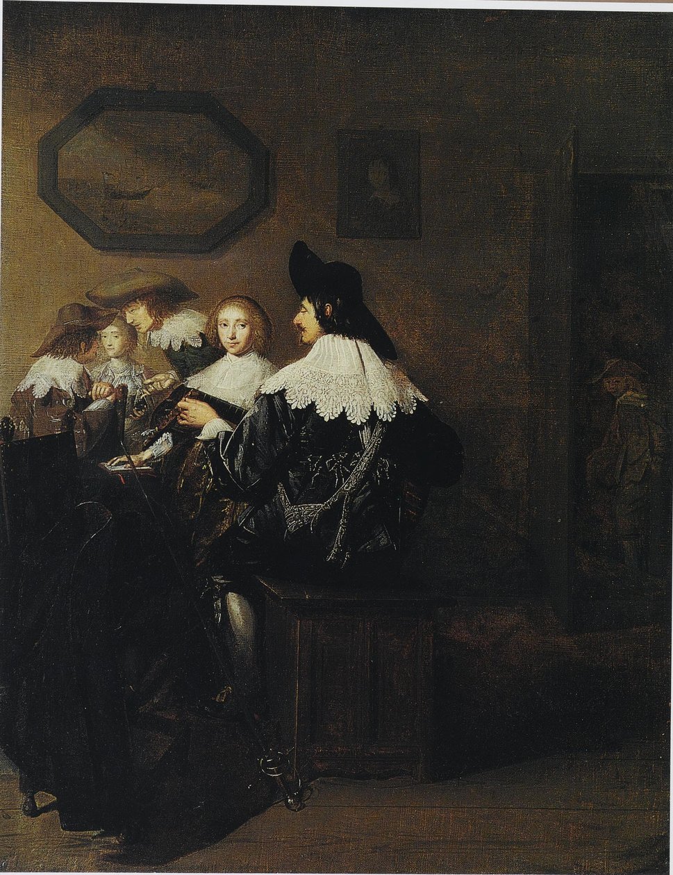 Compagnie avec un homme jouant du luth, assis à une table - Johannes Cornelisz Verspronck