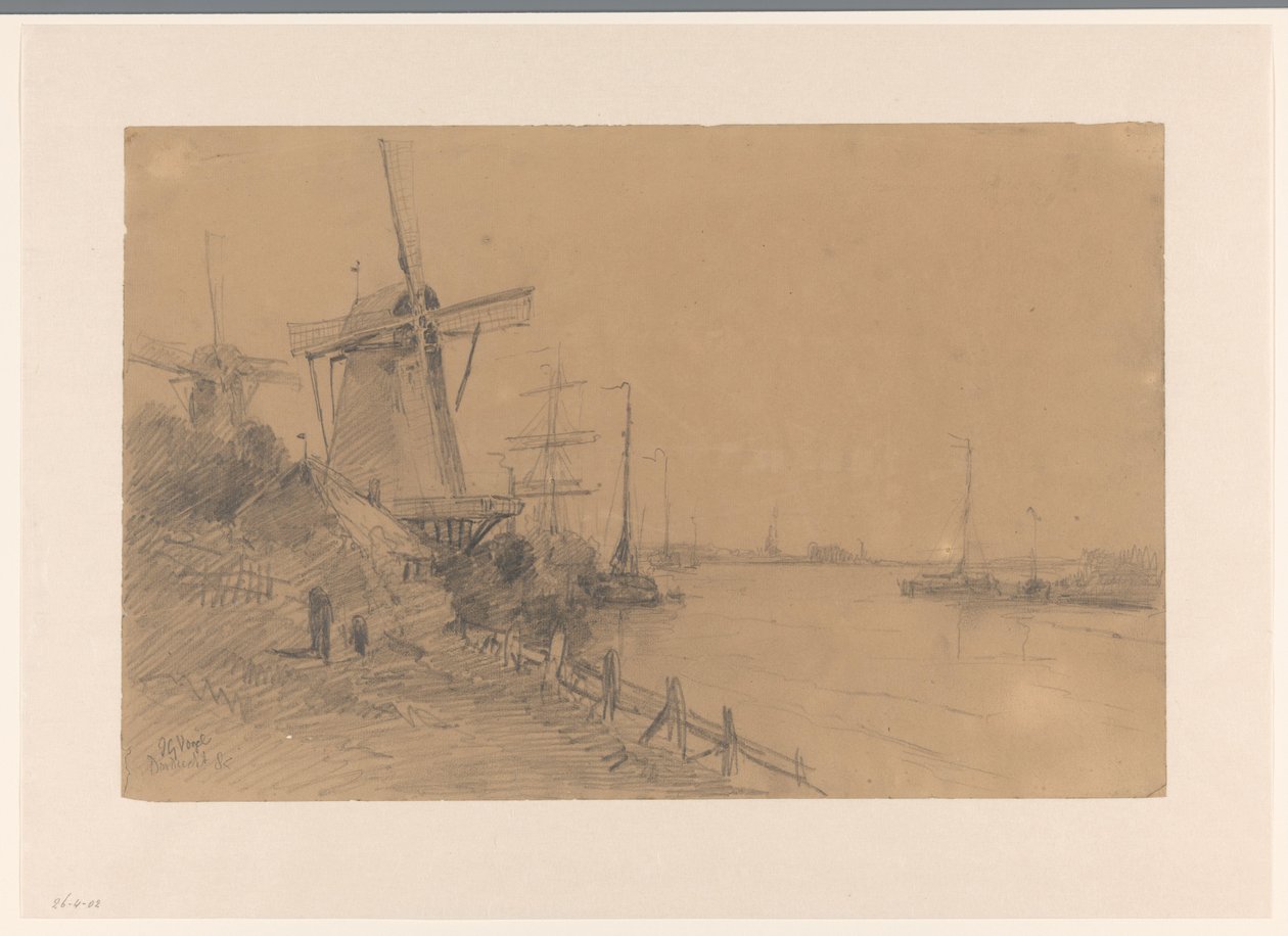 Moulins près de Dordrecht le long de la rivière avec des bateaux - Johannes Gijsbert Vogel