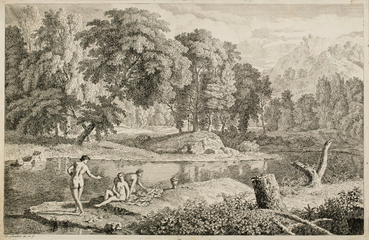 Paysage arcadien avec une rivière et trois baigneuses - Johannes Glauber