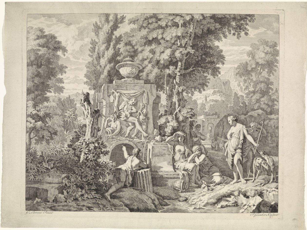 Paysage avec une fontaine et Diane et ses nymphes - Johannes Glauber