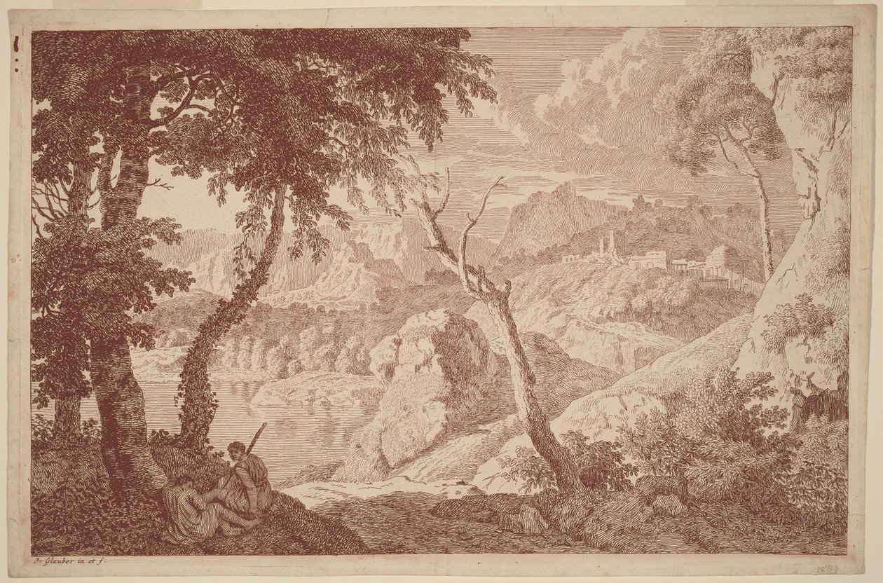 Paysage montagneux avec deux hommes au repos - Johannes Glauber