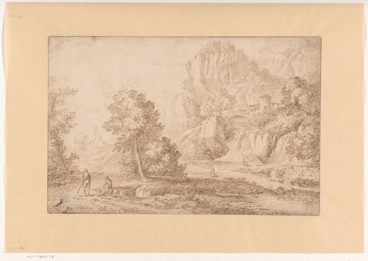 Paysage de montagne avec un pont sur une cascade - Johannes Glauber