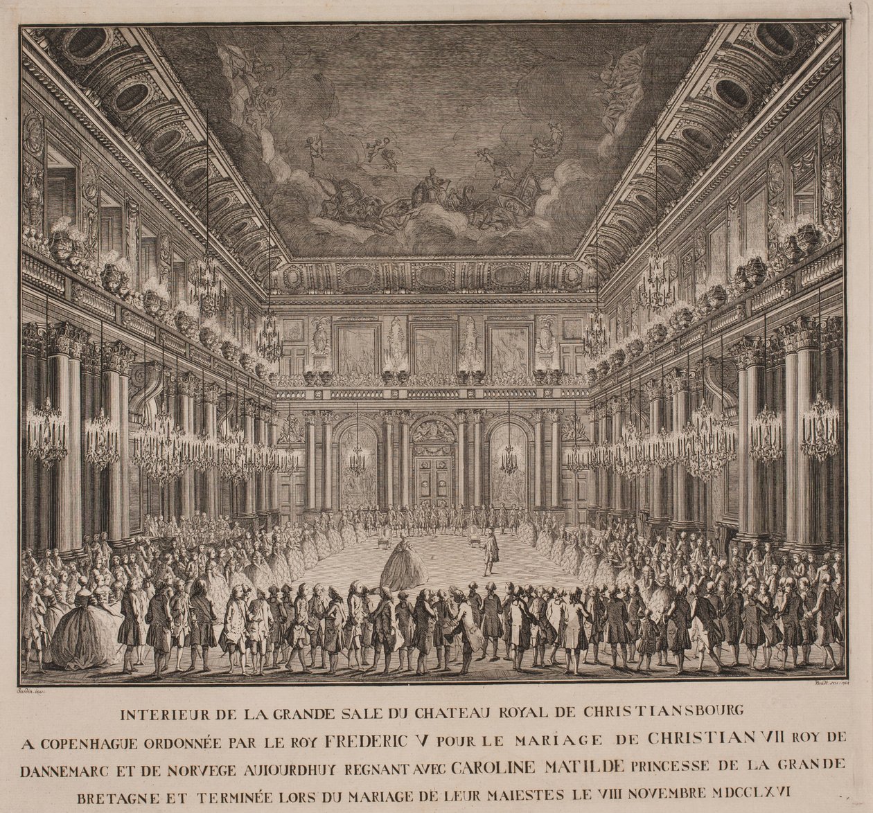 Ballet de cour dans la salle des chevaliers de Christiansborg lors du mariage de Christian VII avec Caroline Mathilde - Johannes Gottfred Bradt