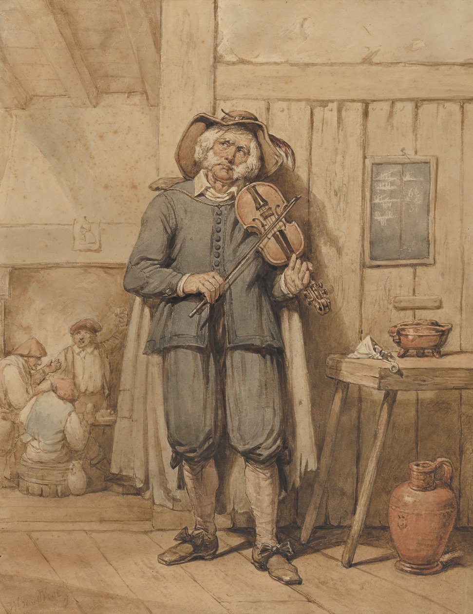 Un violoniste dans une taverne, avec trois hommes en arrière-plan, milieu du XIXe siècle - Johannes Hendrik van West