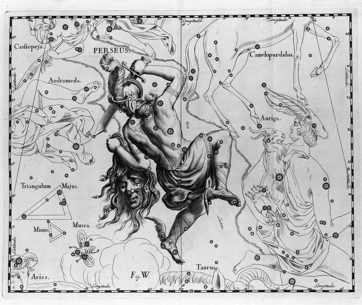 La constellation Persée. Planche tirée de « Firmamentum Sobiescanum sive Uranographia » par Johannes Hevelius ou Hevel (1611-1687) - Johannes Hevelius