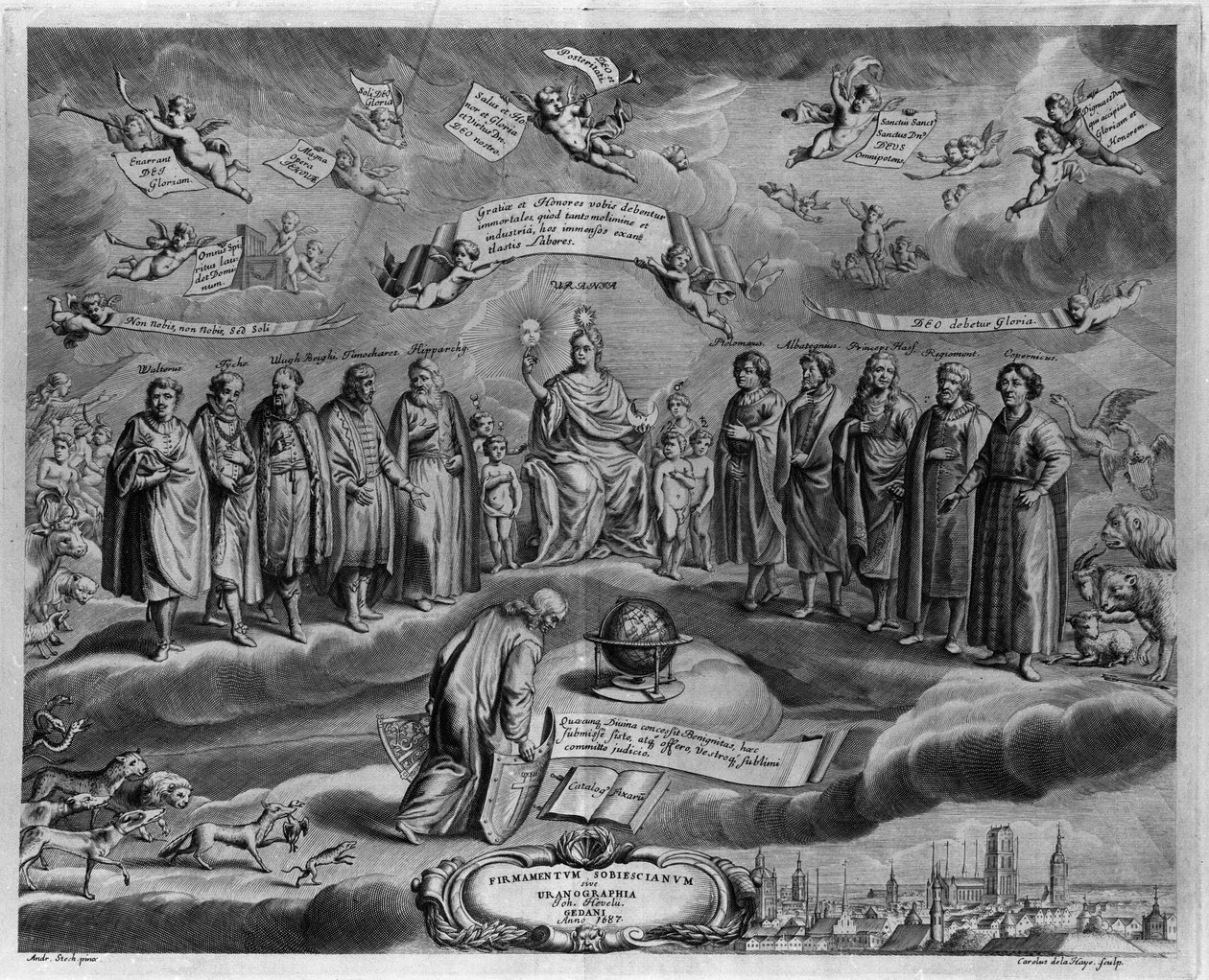 Les astronomes célèbres. Parmi eux, de gauche à droite : Walterus (?), Tycho Brahe (Tyge Ottesen Brahe), connu sous le nom de Le noble Danois ou L