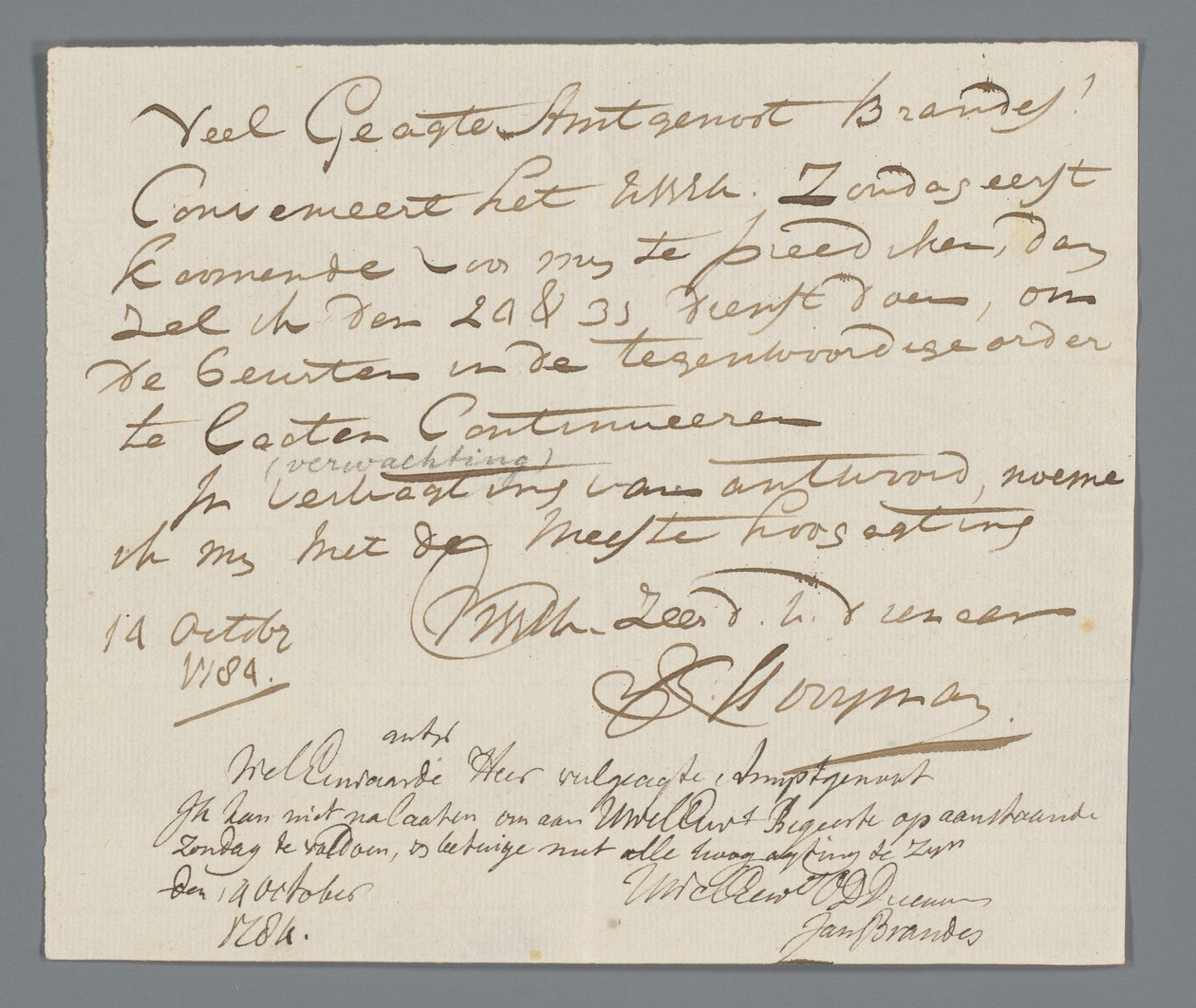 Lettre de ds. Hooyman à Jan Brandes - Johannes Hooyman