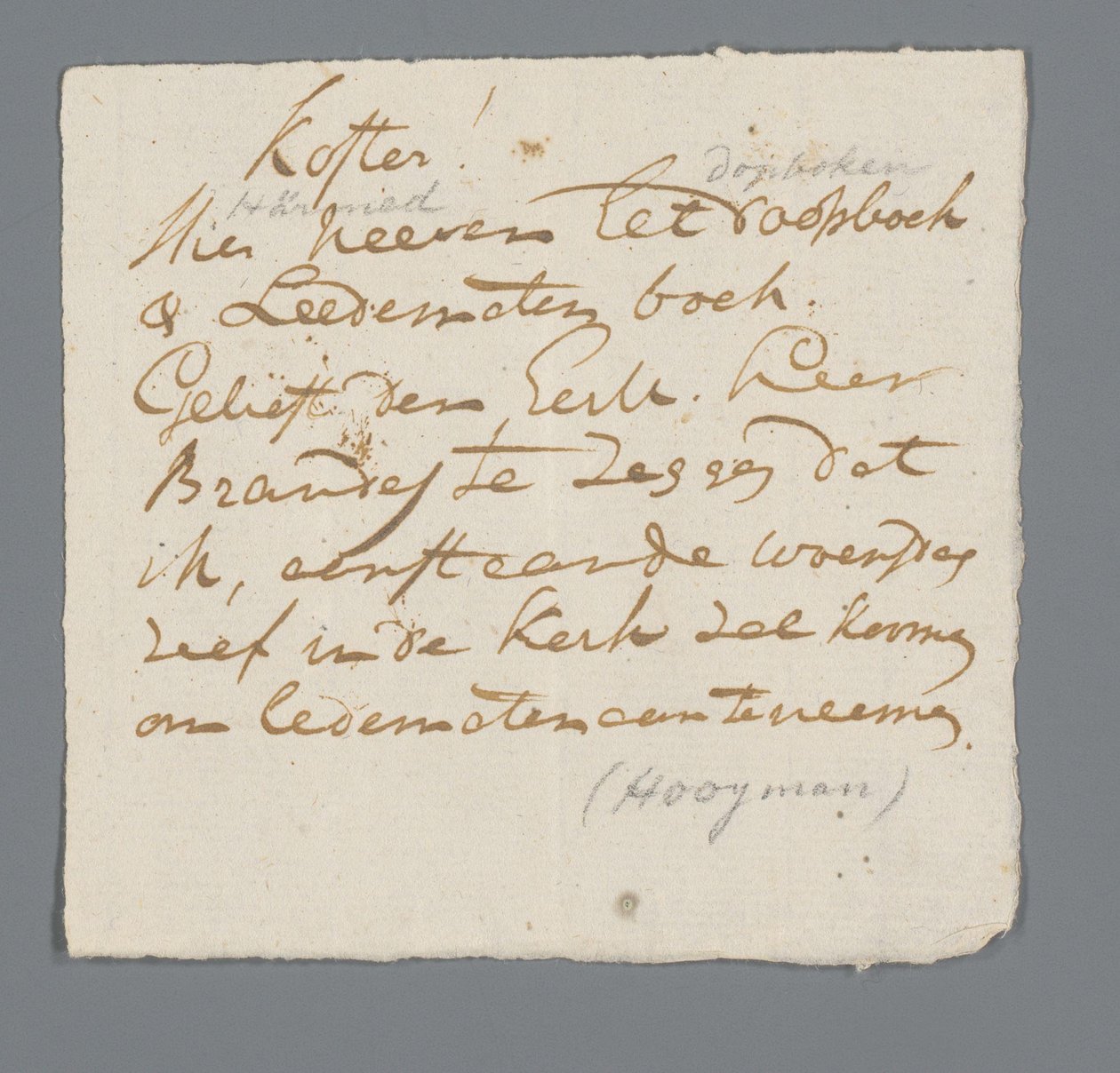 Lettre du révérend Hooyman au sacristain - Johannes Hooyman