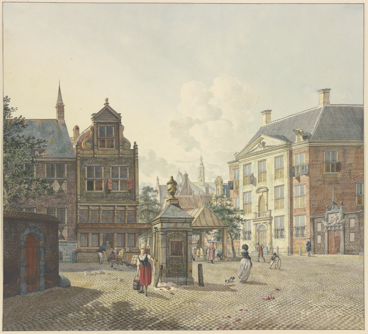 Une maison de puits sur une place dégagée, avec une servante en jupe rouge et portant un seau - Johannes Huibert Prins