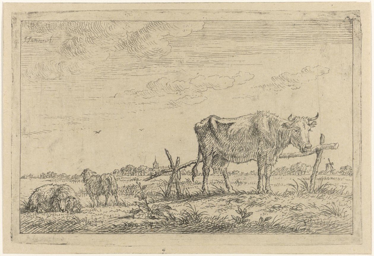 Prairie avec vache et moutons - Johannes Janson