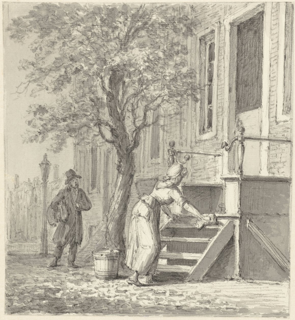Une domestique nettoyant un escalier devant une maison - Johannes Jelgerhuis