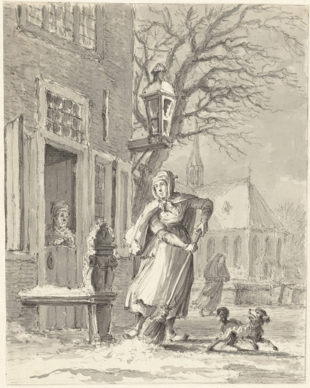 Une servante déblaye la neige devant une maison - Johannes Jelgerhuis