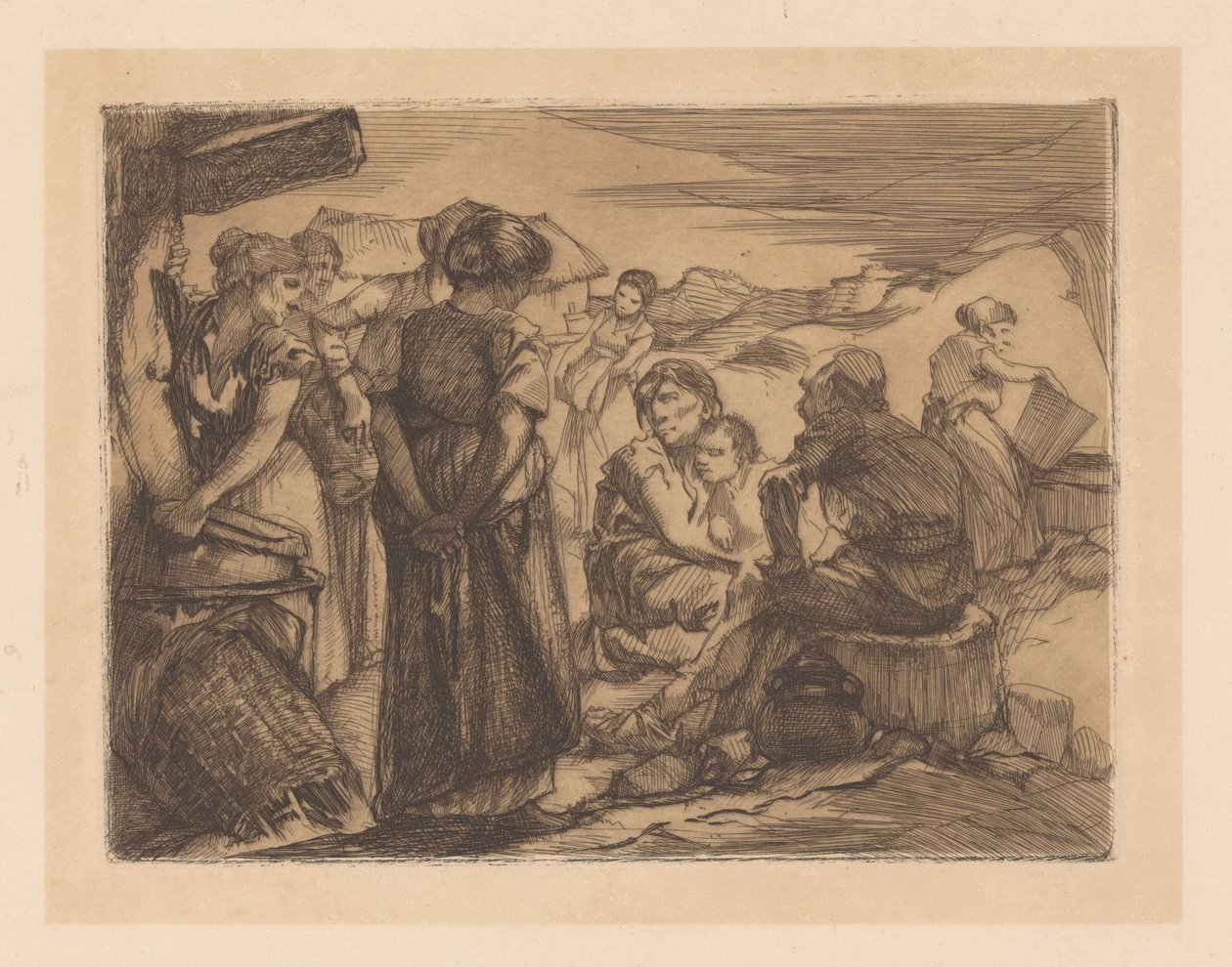 Homme, femmes et enfant dans un paysage vallonné - Johannes Josephus Aarts
