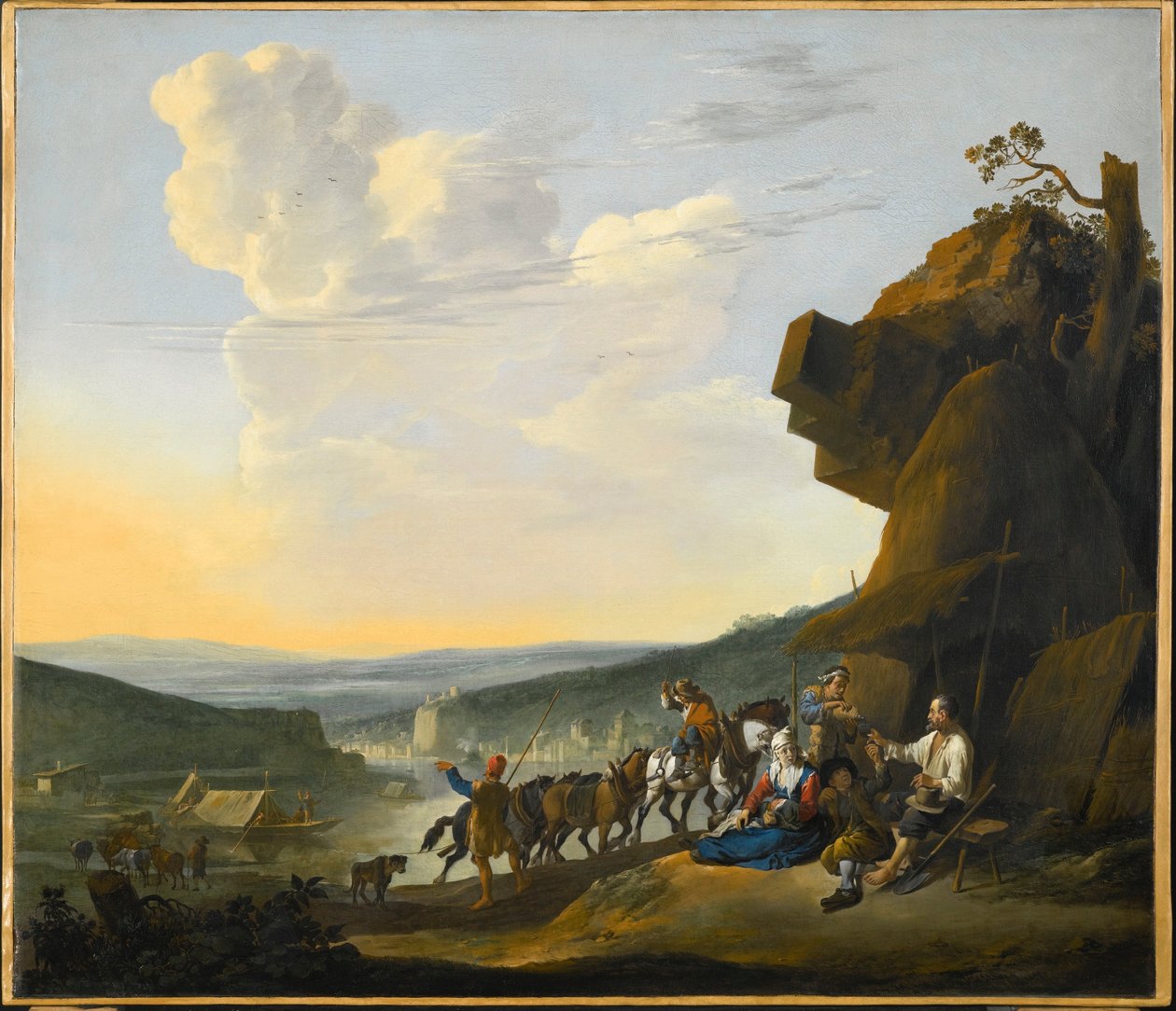 Allemand : Südliche Landschaft mit Fähre Paysage méridional avec vue sur une baie, avec des voyageurs qui se reposent - Johannes Lingelbach