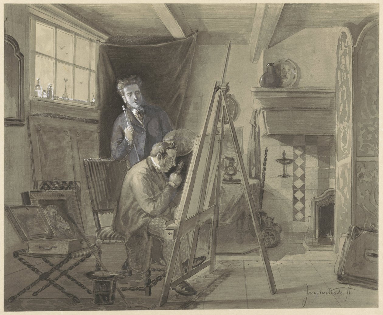 Autoportrait de Johannes Marius van Kate, debout dans son atelier avec un visiteur - Johannes Marius ten Kate