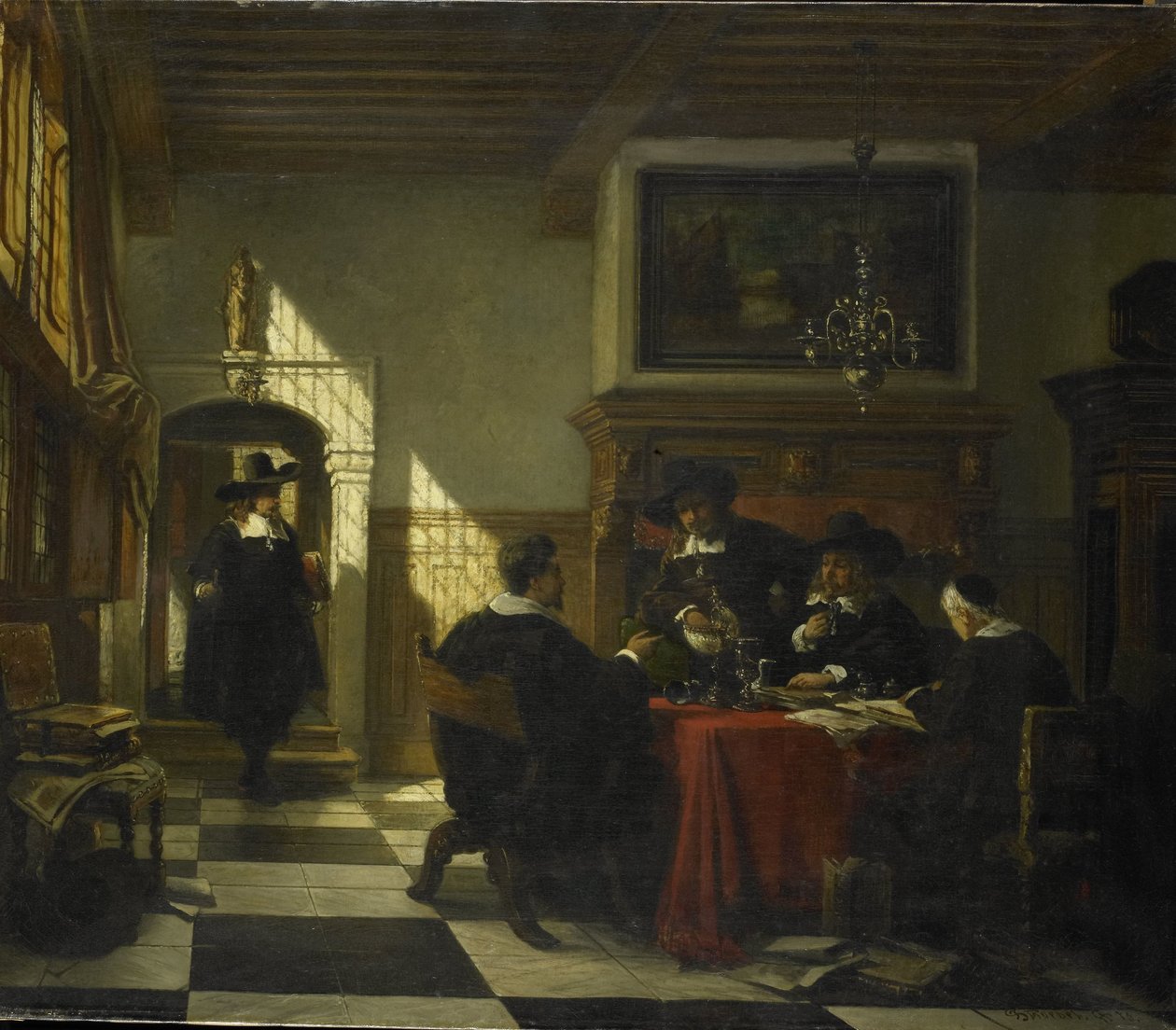 Groupe en costume du XVIIe siècle à une table avec une coupe de nautile - Johannes Stroebel