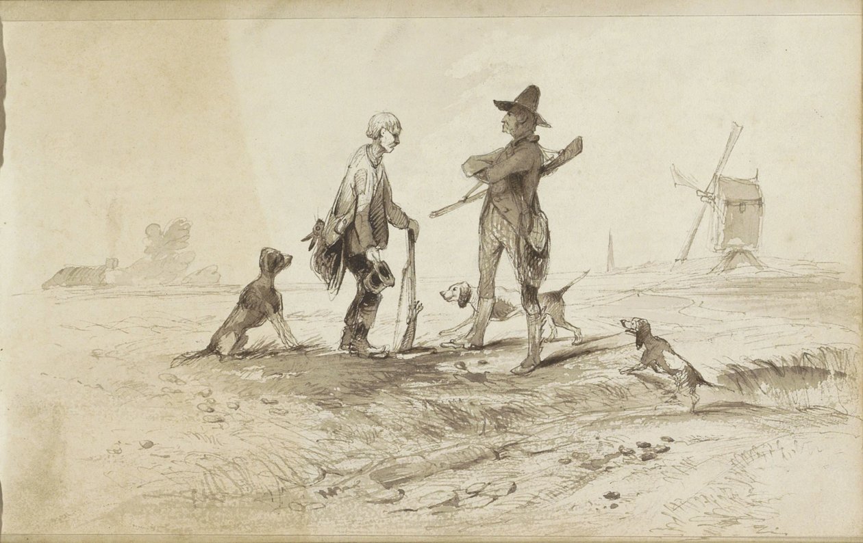 Chasseurs avec chiens dans un paysage avec un moulin - Johannes Tavenraat