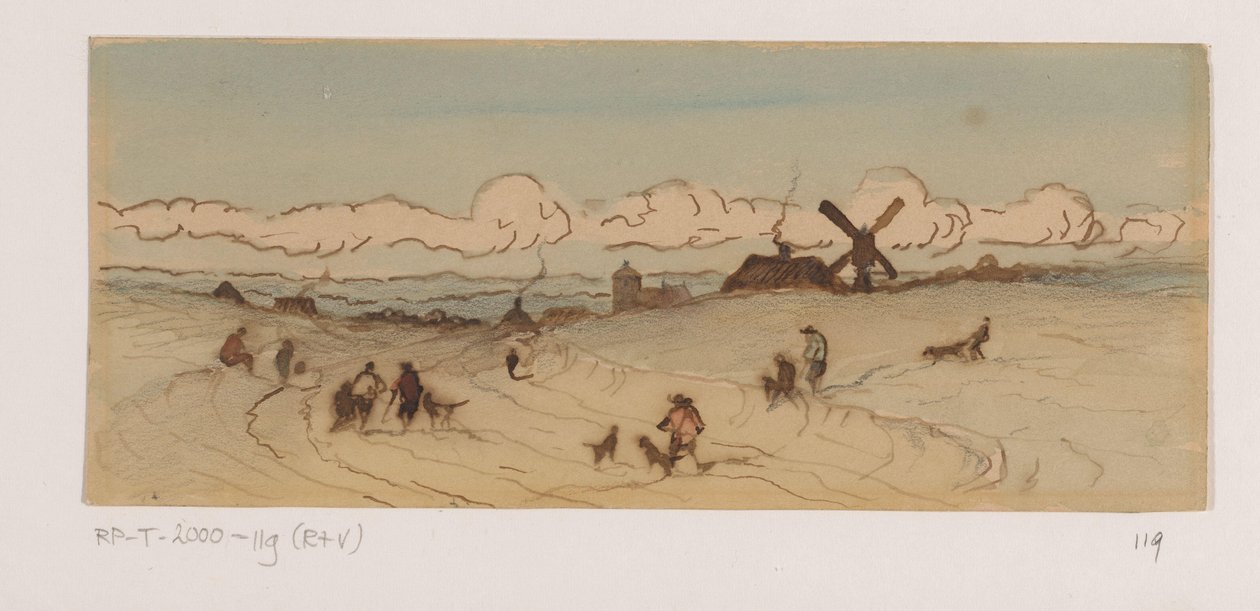 Paysage dans la région des dunes avec chasseurs et chiens - Johannes Tavenraat