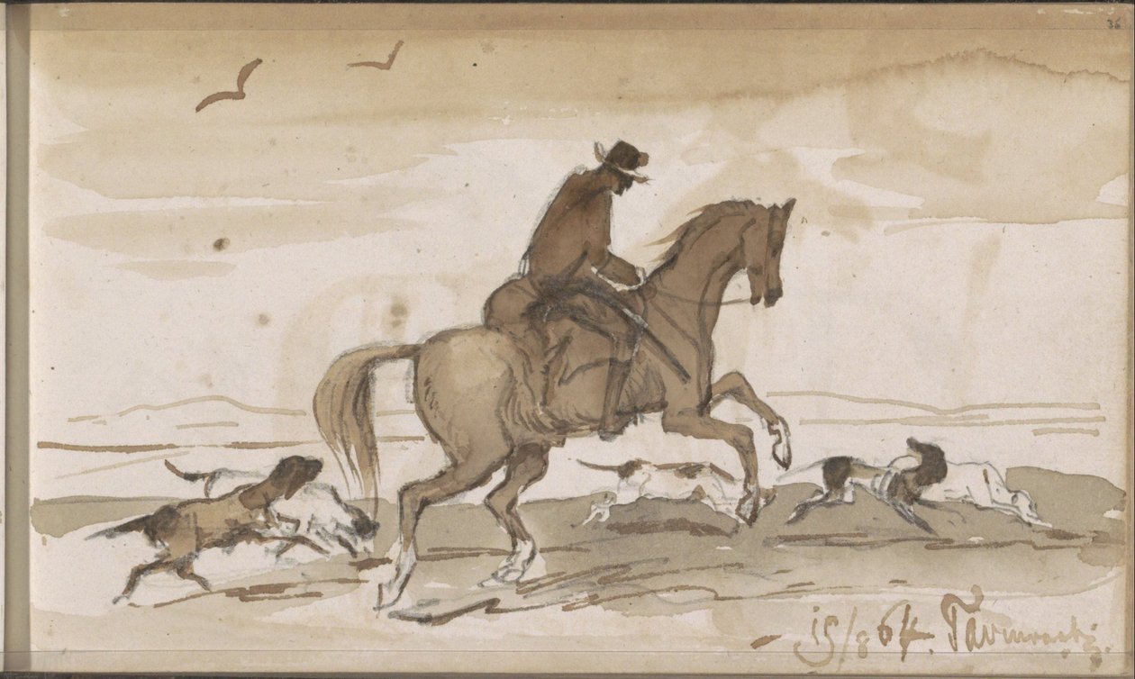 Paysage avec un cavalier et des chiens courant - Johannes Tavenraat