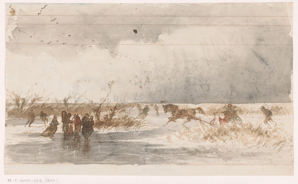 Patineurs et traîneau sur la glace - Johannes Tavenraat