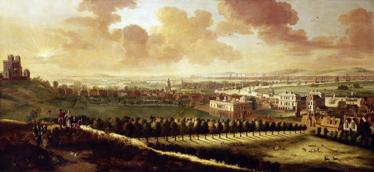 Vue de Greenwich et de Londres (Angleterre), vers 1680, avec l