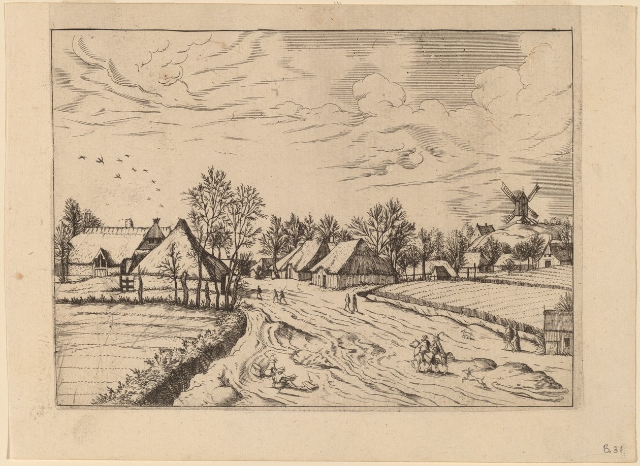 Village de campagne avec moulin à poteau - Johannes and Lucas van Doetechum after Master of the Small Landscapes