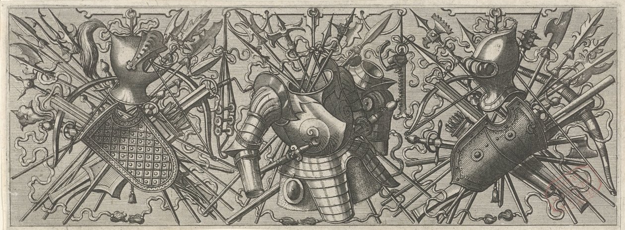 Frise avec un casque, un bouclier et des armes croisées - Johannes of Lucas van Doetechum