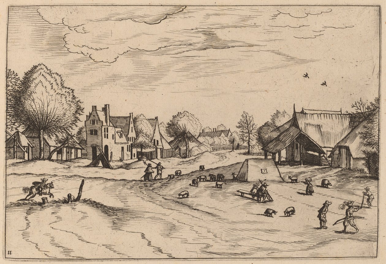 Village de Campagne avec Moutons et Berger Assis - Johannes van Doetechum, the Elder and Lucas