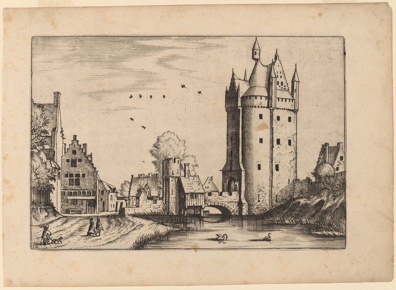 Porte de ville avec maisons de campagne - Johannes van Doetechum, the Elder and Lucas