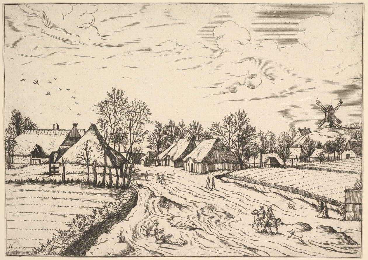 Village de campagne avec moulin à vent de Multifariarum casularum ruriumque lineamenta curios..., 1559-61 - Johannes van Doetecum I