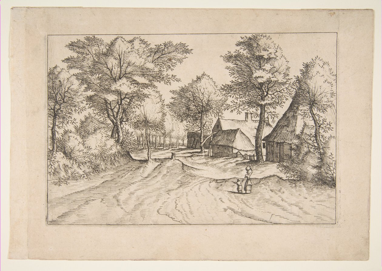 Route de village avec une ferme et des hangars, de la série Les Petits Paysages Multifariaru..., 1559-61 - Johannes van Doetecum I