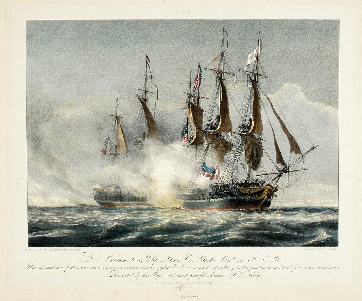 Cette représentation de la Frégate Américaine Chesapeake, estropiée et mise en désordre total par les deux premières bordées tirées de H.M.S. Shannon - John Christian Schetky