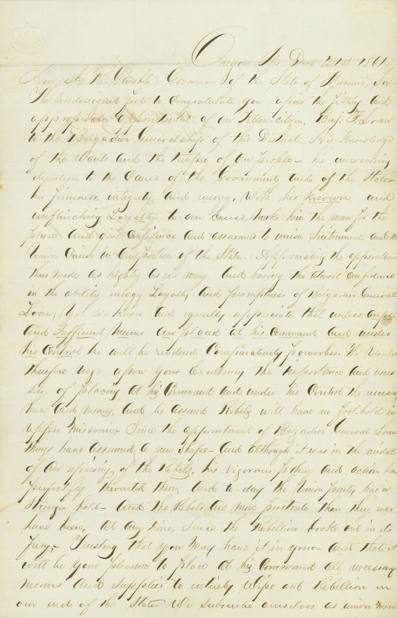 Une pétition pour financer et approvisionner la milice sous le général Benjamin Loan - John H.C. Curtis