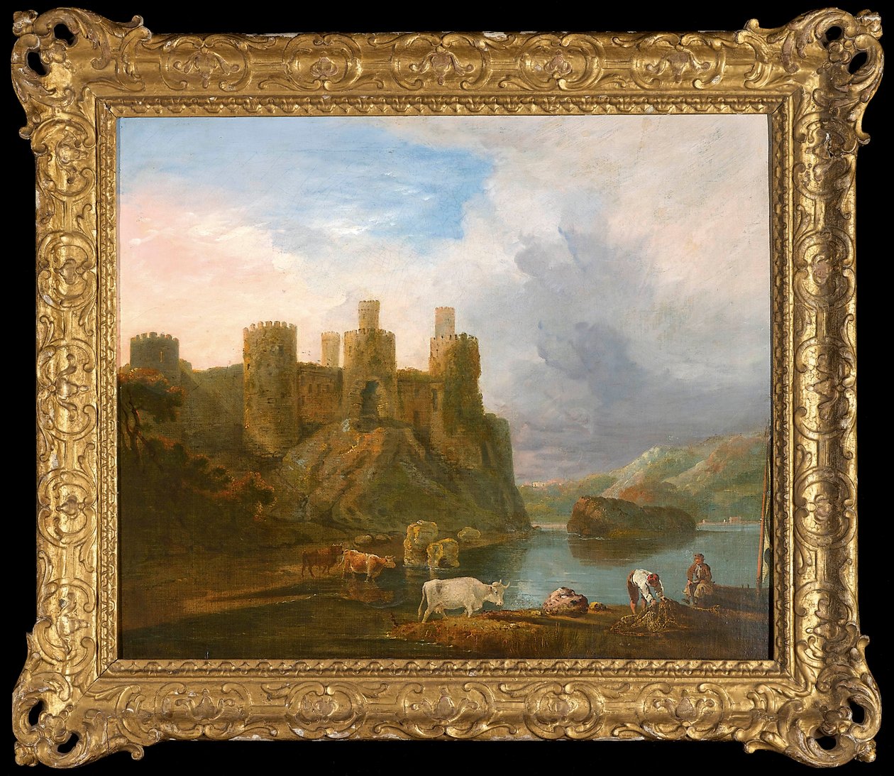 Vue du château de Conway avec des pêcheurs réparant leurs filets - John Inigo Richards