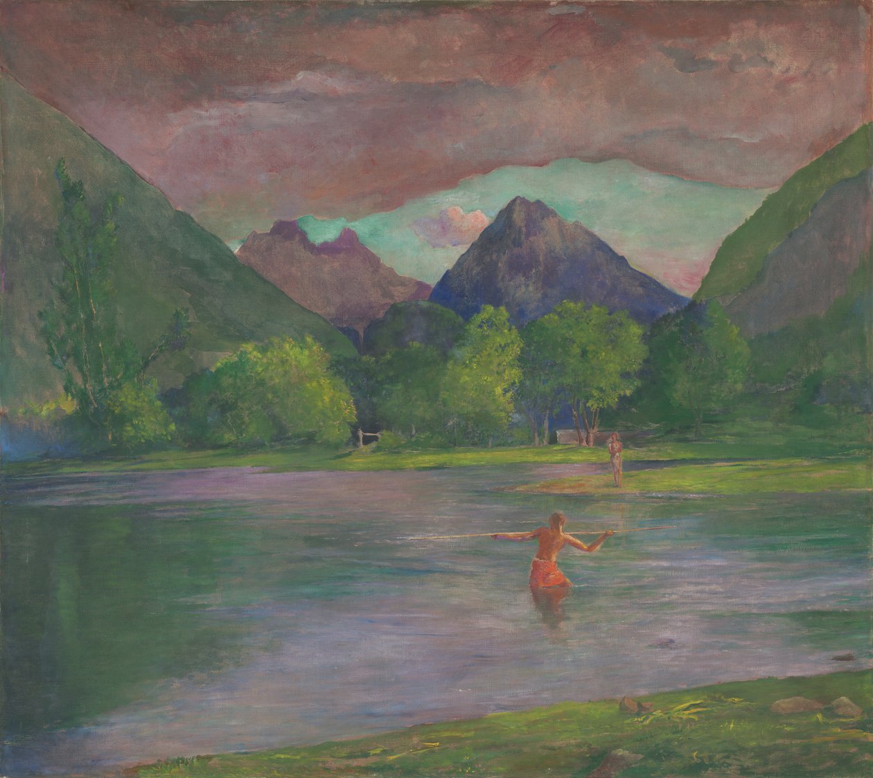 Crépuscule, rivière Tautira, Tahiti, pêcheur harponnant un poisson, vers 1895 - John La Farge or Lafarge
