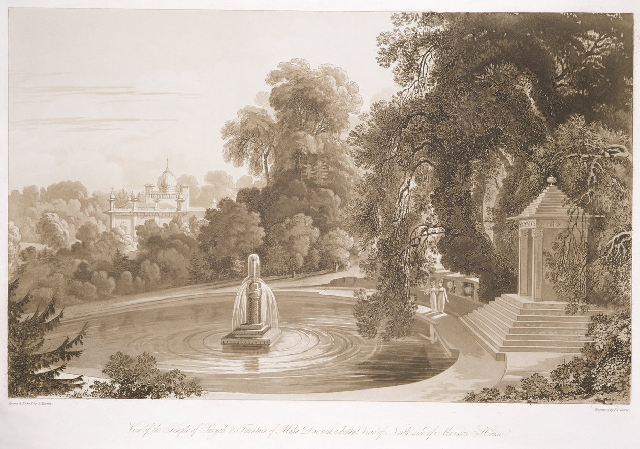 Vue du Temple de Suryah et de la Fontaine de Mahah Doo avec une vue lointaine du côté nord de la Maison de la Mansion, Sezincote, gravé par Frederick Christian Lewis Snr. (1779-1856), c.1817-18 - John Martin
