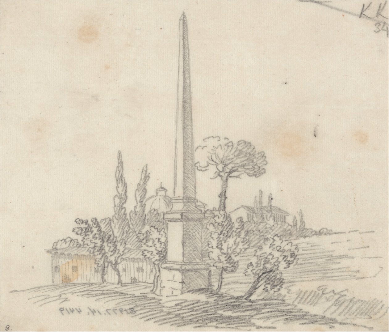 Un obélisque avec des toits et des arbres au loin - John Robert Cozens