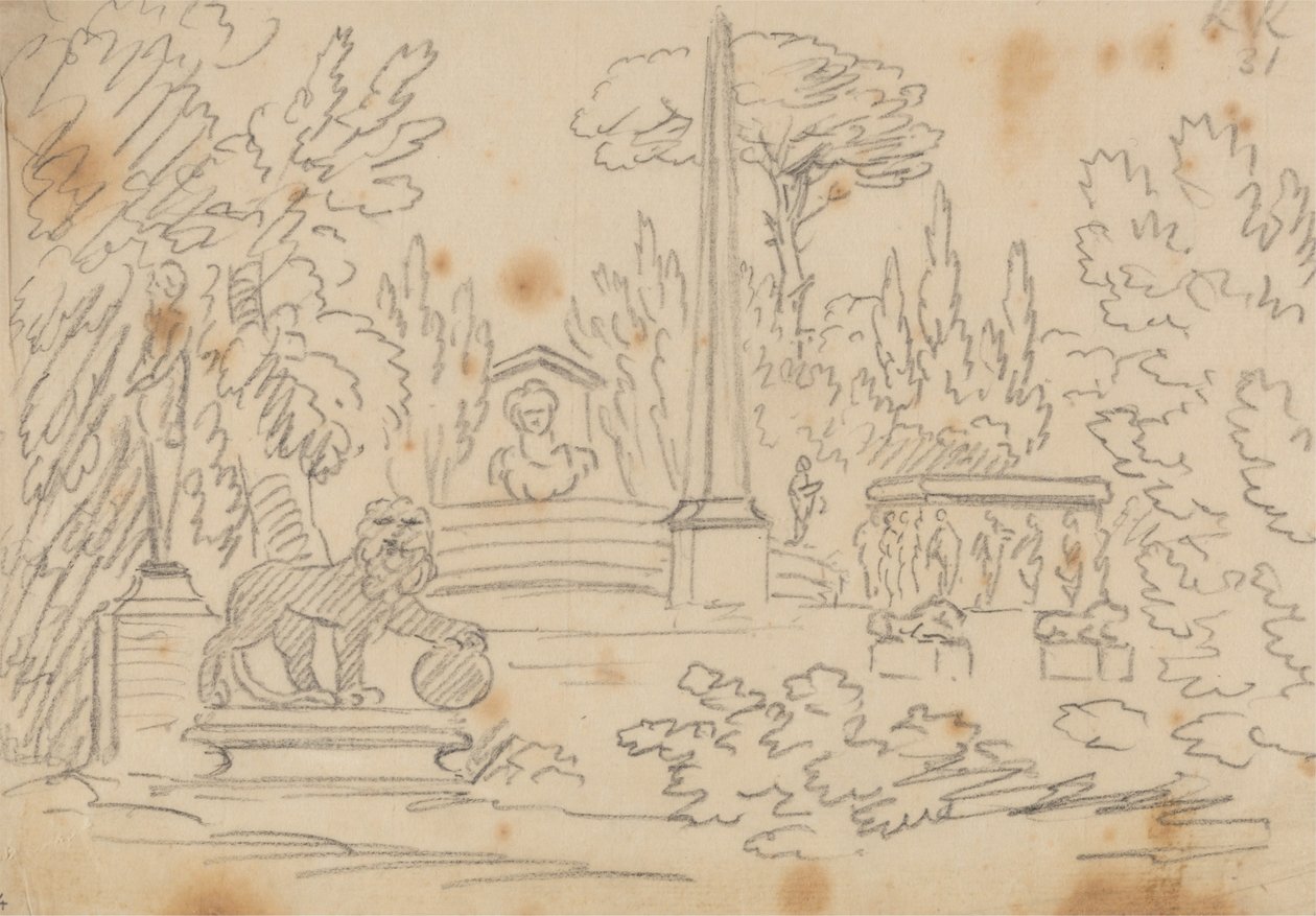 Obélisque et statues dans un jardin - John Robert Cozens