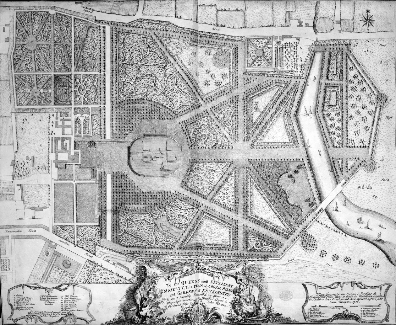 Carte du Palais Royal et des Jardins de Kensington, Londres, 1736 - John Rocque