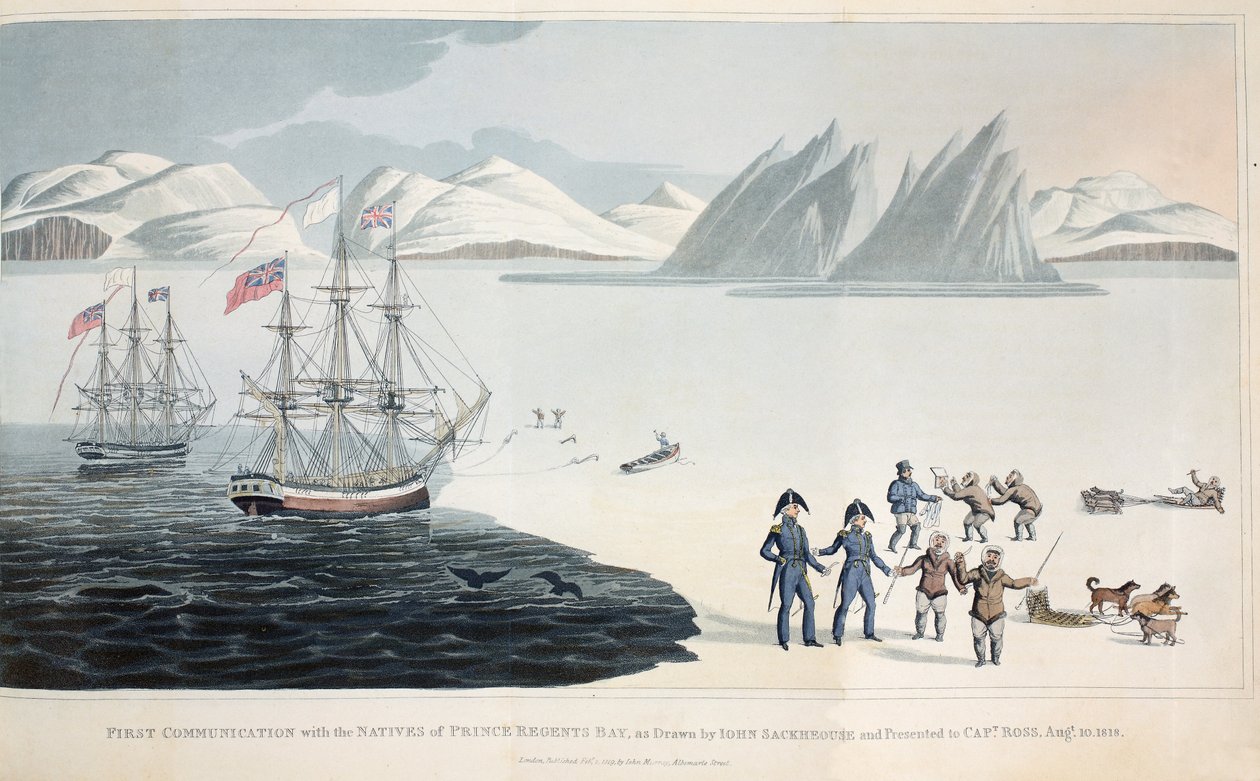 Première communication avec les indigènes de la baie de Regents, 10 août 1818, illustration de A Voyage of Discovery - John Sackhouse