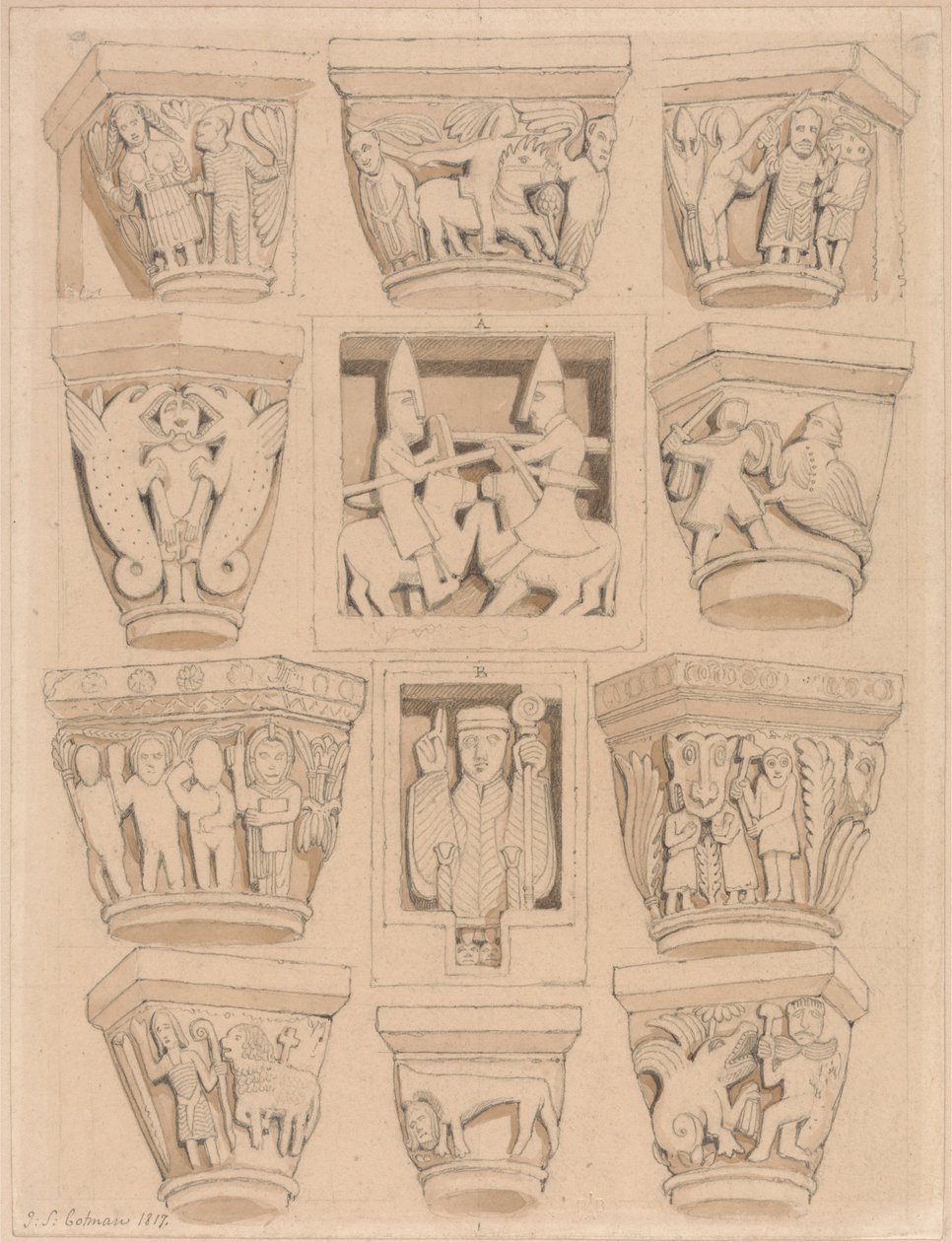 Chapiteaux et bas-reliefs A et B dans l