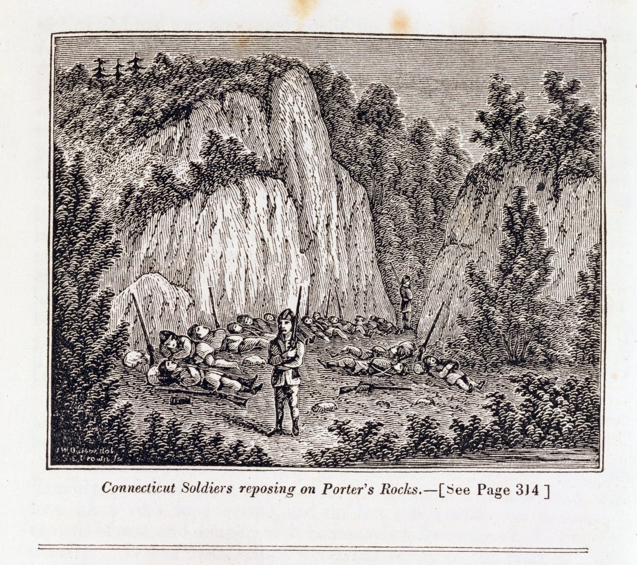 Soldats du Connecticut se reposant sur le rocher de Porter avant d