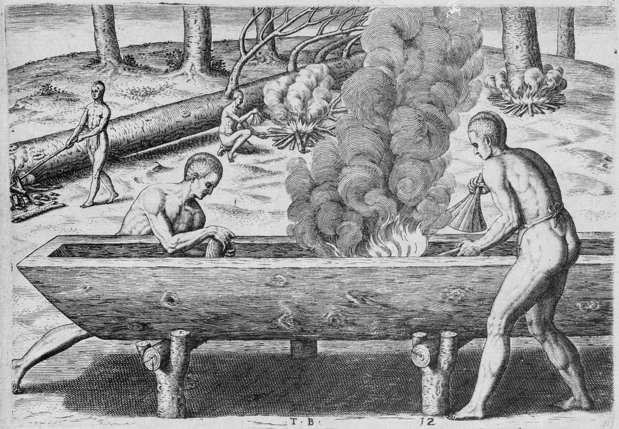 Les Indiens fabriquant des canoës, de 
