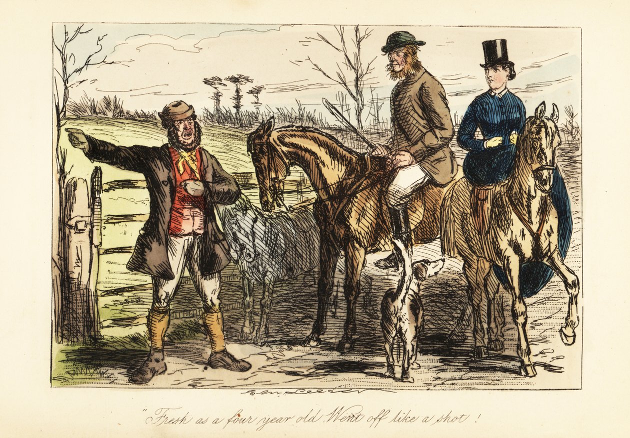 Un garde-chasse donnant des directions à un couple chassant le renard - John (after) Leech
