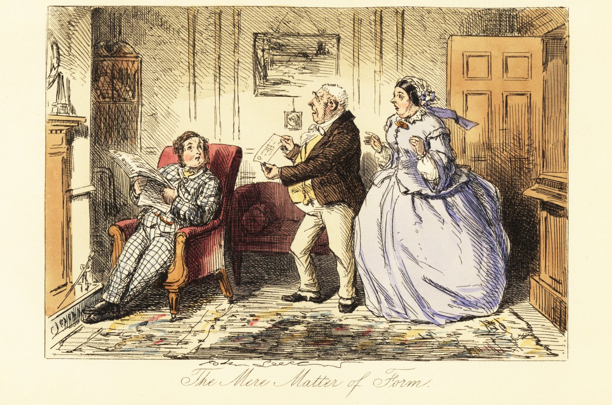 Gentleman anglais se prélassant dans un salon devant la cheminée avec ses parents outrés - John (after) Leech