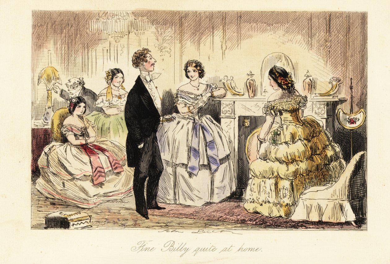 Gentleman anglais rendant visite à une dame et ses filles dans un salon - John (after) Leech