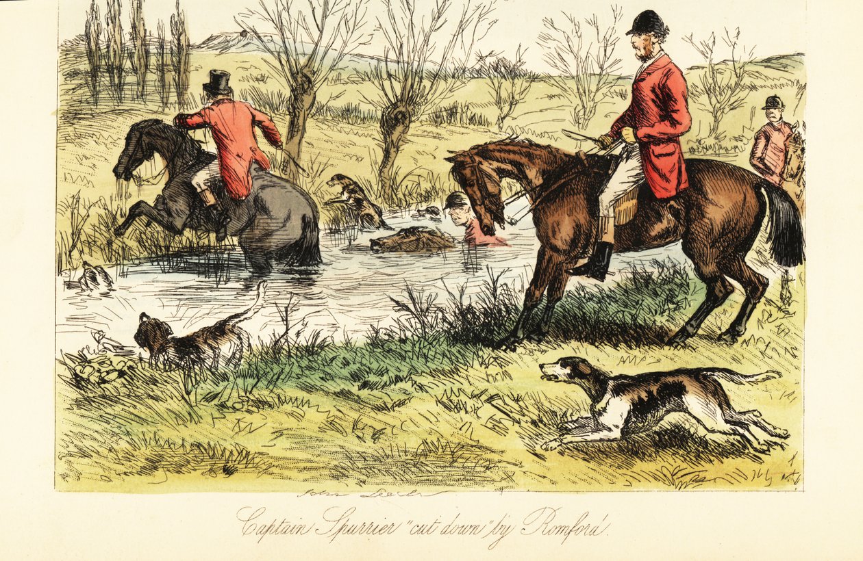 Chasseur anglais traversant une rivière avec des chiens de chasse - John (after) Leech
